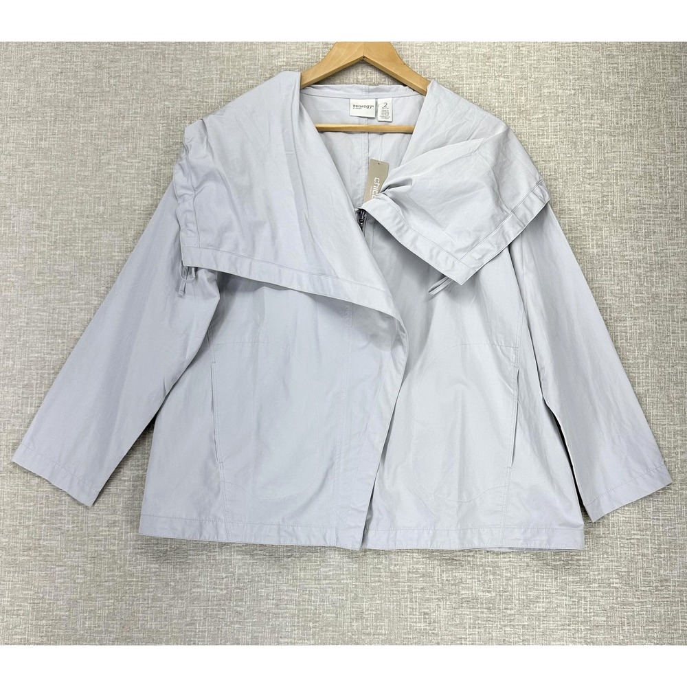 Chicos Zenergy Jacket Womens 2 (L/12) Petite Gray Windbreaker Draped Zip Hooded